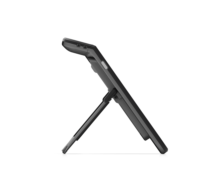 听到Tobii Dynavox TD Navio纳维 辅助沟通设备侧视图,配有内置立架(可折叠支脚),完全直立。